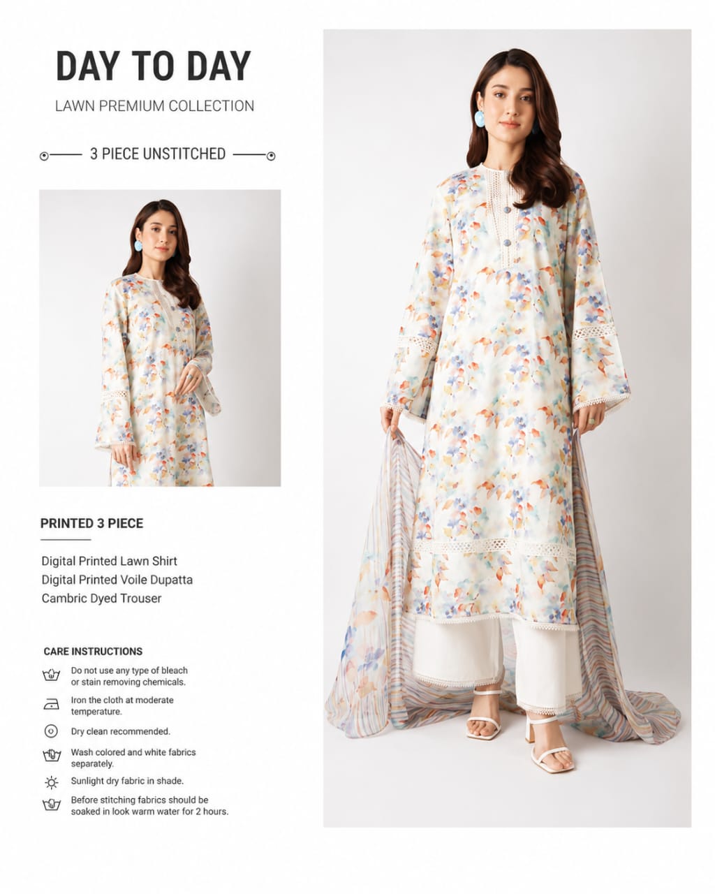 cream floral digital printed 3 piece unstitched lawn suit