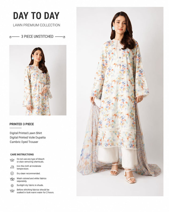 cream floral digital printed 3 piece unstitched lawn suit