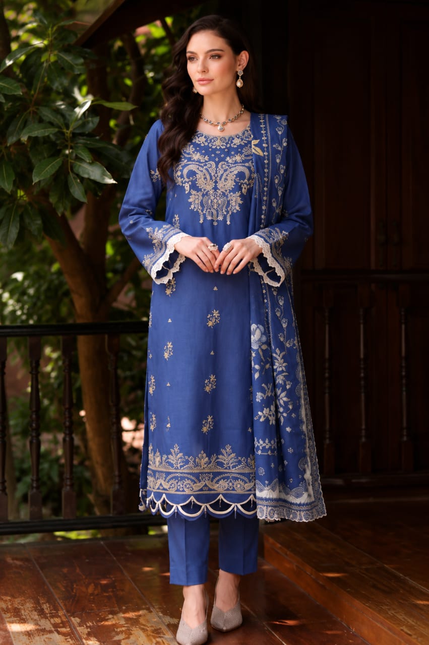 Royal Blue Embroidered 3 Piece Lawn Suit with Printed Dupatta
