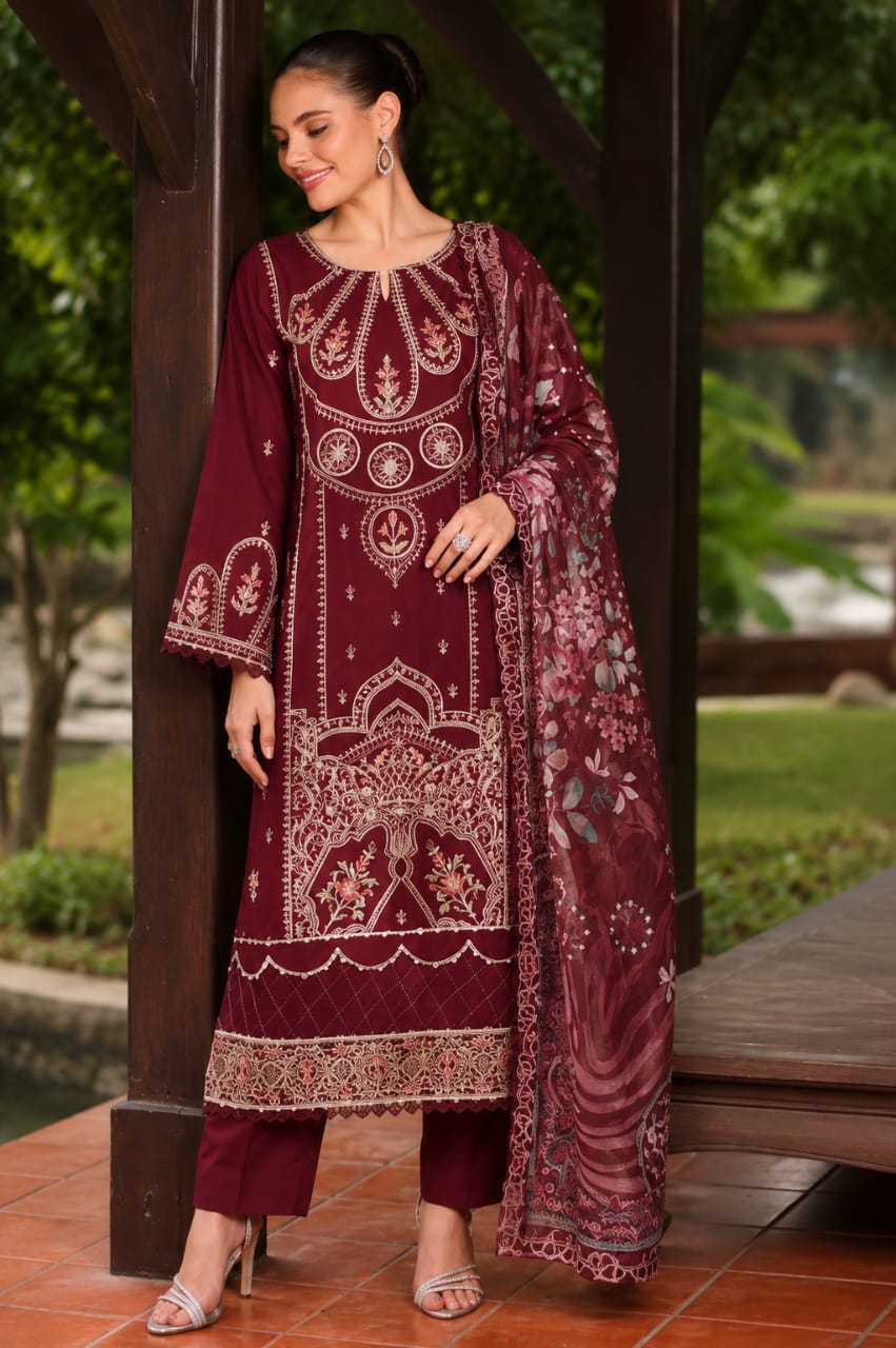 Maroon Embroidered 3 Piece Lawn Suit with Printed Dupatta