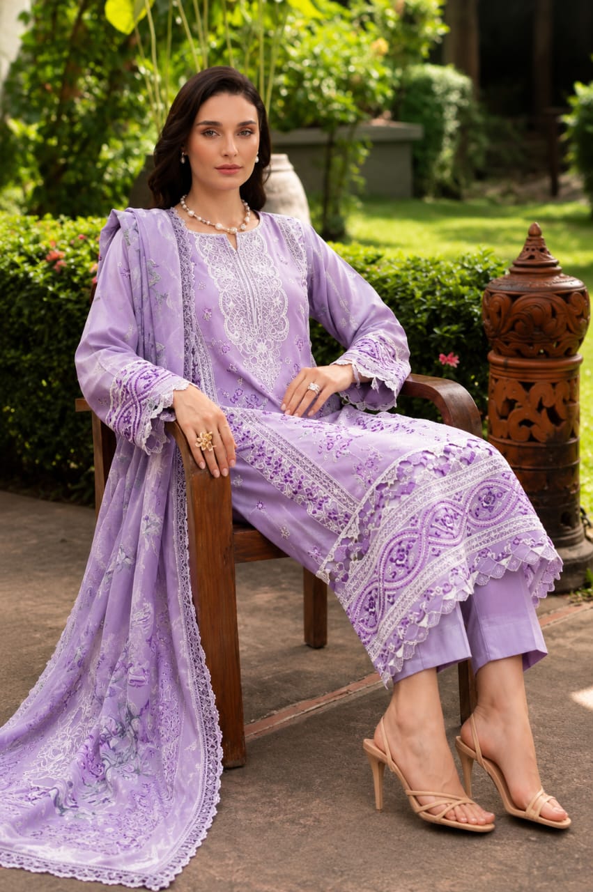 Lavender Embroidered 3 Piece Lawn Suit with Printed Dupatta