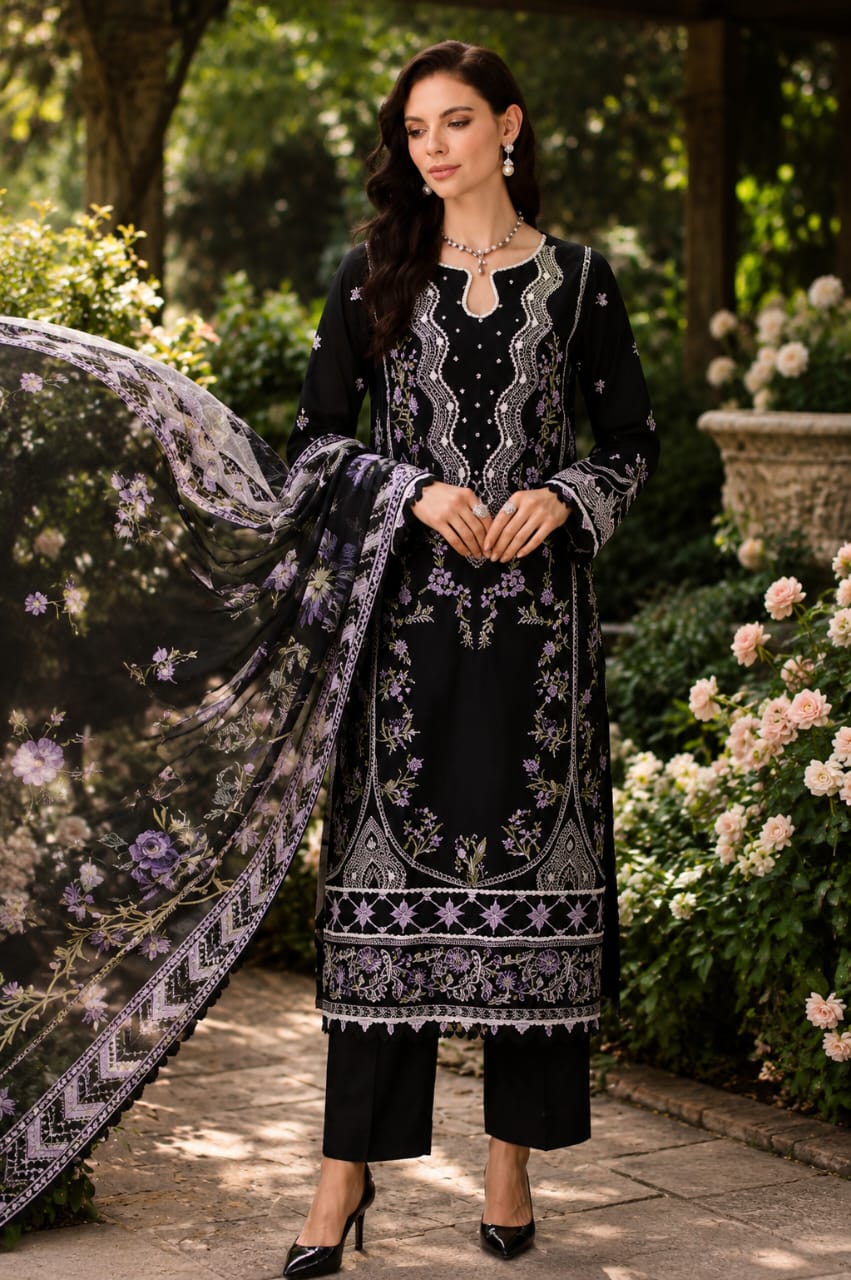 Black Embroidered 3 Piece Lawn Suit with Printed Dupatta