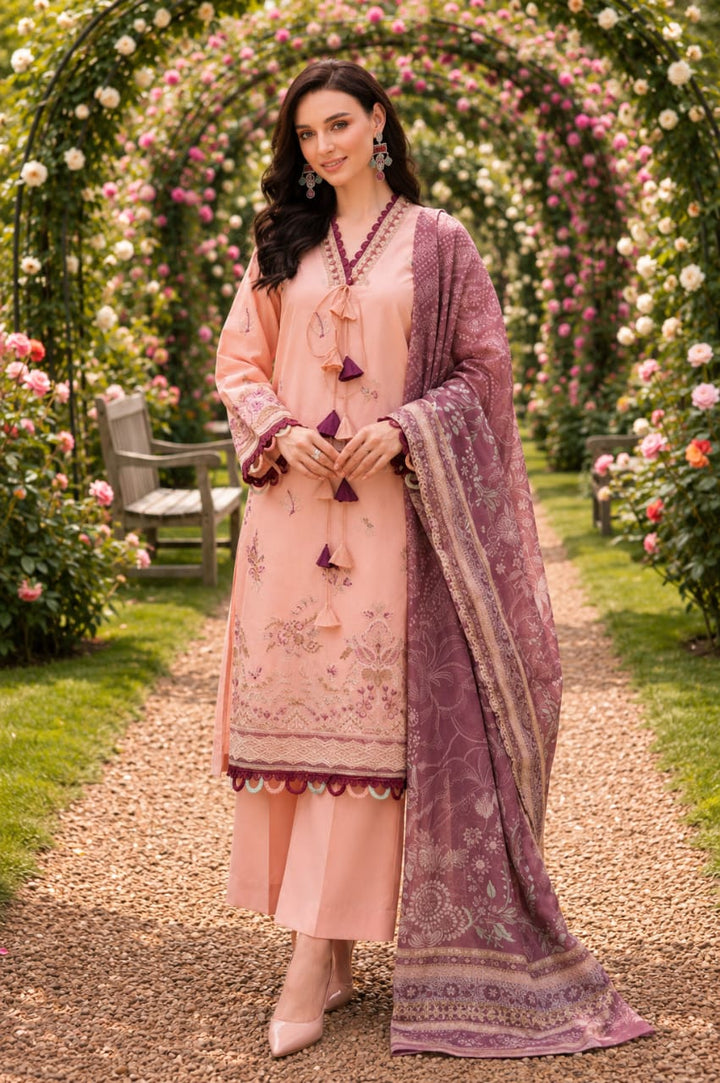 Peach Embroidered 3 Piece Lawn Suit with Printed Dupatta