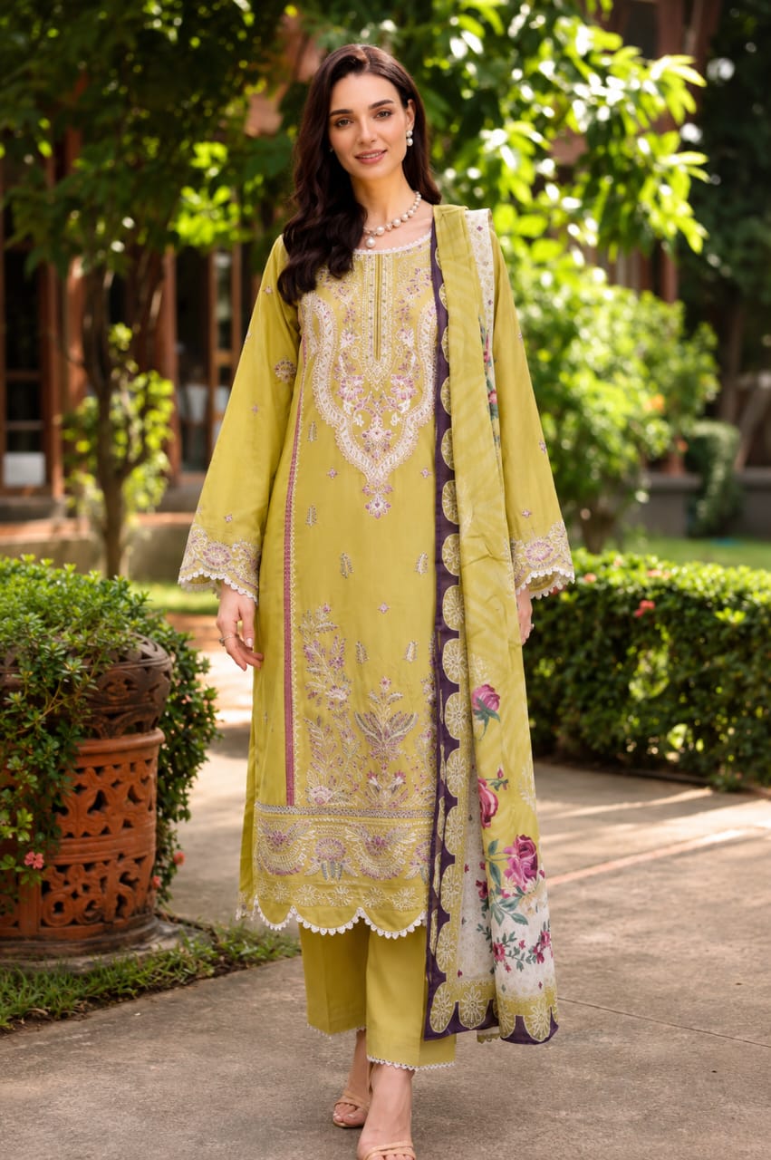 lime yellow embroidered 3 piece lawn suit with printed dupatta