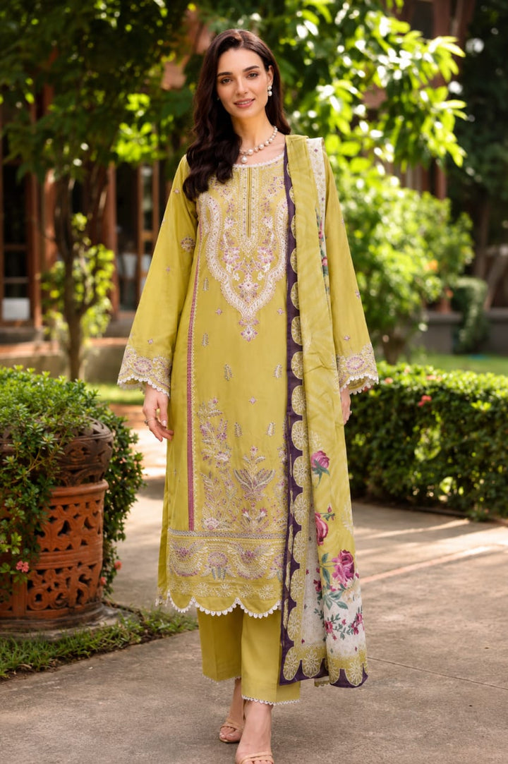 lime yellow embroidered 3 piece lawn suit with printed dupatta