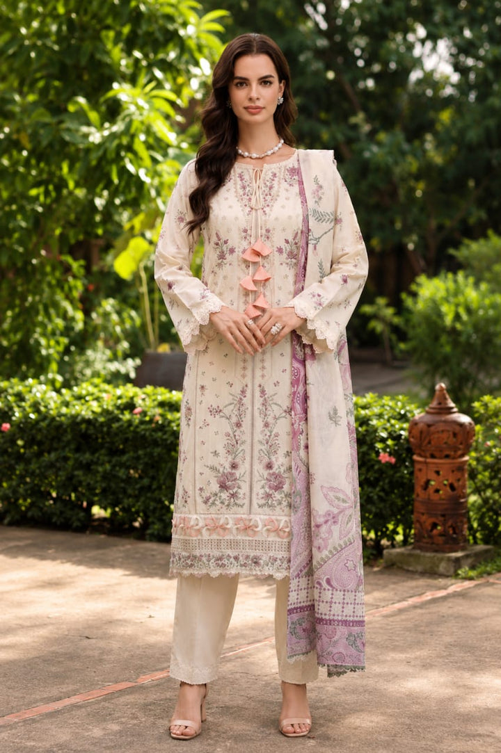 ivory floral embroidered 3 piece lawn suit with printed dupatta