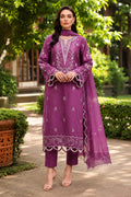 purple embroidered 3 piece lawn suit with matching printed dupatta