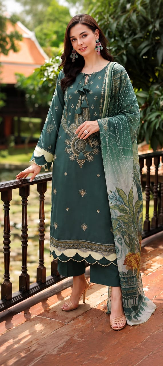 teal green embroidered 3 piece suit with printed dupatta